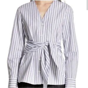 Tibi Striped Button-Up Blouse - Navy & White